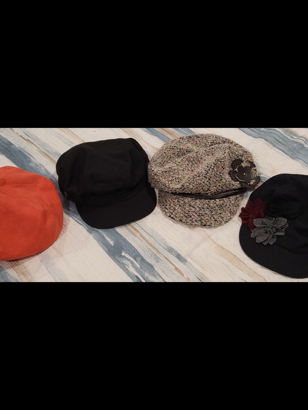 Set of Four Fashion Caps - Orange, Black, Tweed, Black with Floral Accents